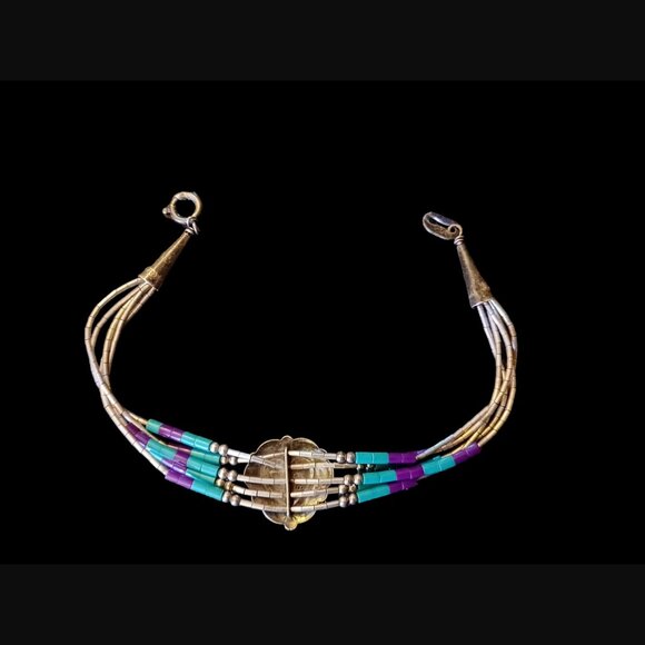 Navajo 925 Sterling Silver Liquid Silver 5 Strand Turquoise Heart Bracelet 7.25" - Picture 9 of 13